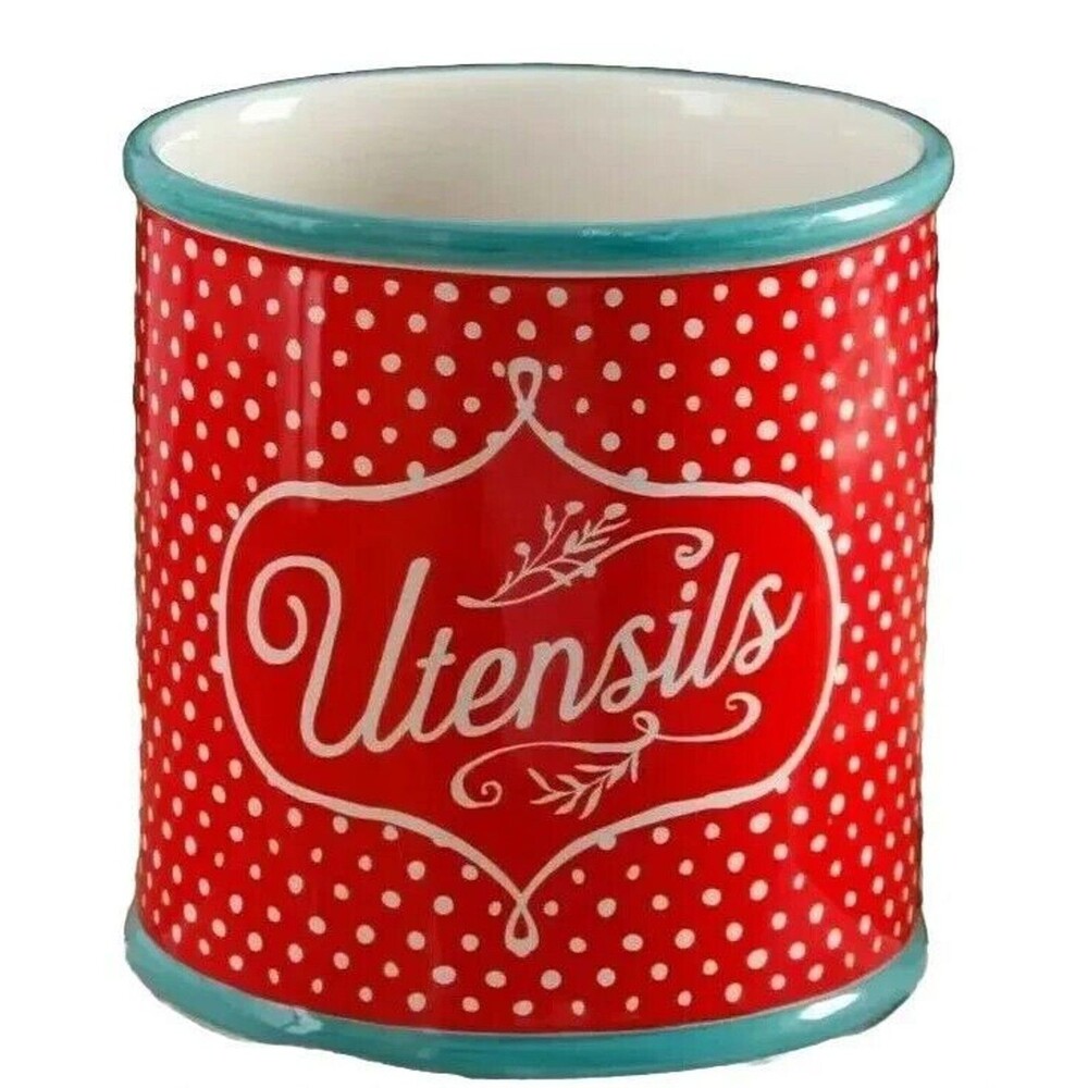 Pioneer Woman Flea Market Utensil Crock Red White Dots Turquoise Stoneware Gift